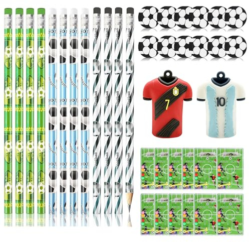 FIHODONE Fussball Mitgebsel Jungen, 12 Radiergummi Stift Graphit Bleikern mit 12 Fußball Radiergummi, Fußball Stift mit 2 Fußball Thema Pencil Sharpener, Fussball Geschenke mit 12 Flipperspiel Set