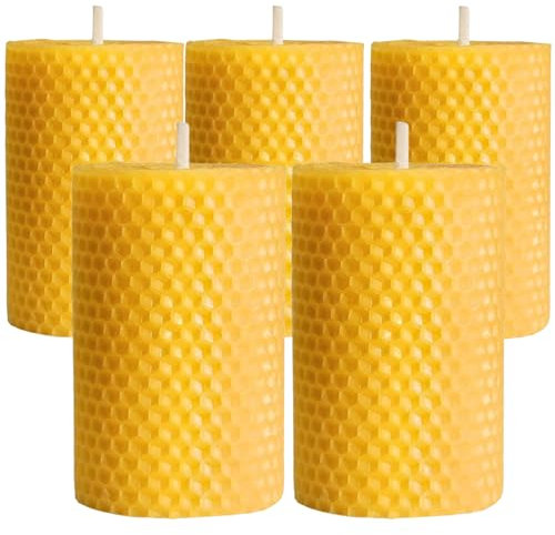 Lot de 5 bougies piliers en cire d'abeille| Bougies au miel | Bougies en nid d'abeille avec cire d'abeille naturelle | Cadeaux pour femmes, hommes|Cadeau de Noël (BOUGIES DE CIRE D'ABEILLE)