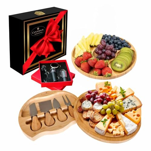 Premium cheese boards charcuterie boards gift set with wine accessories and a fruit platter matching the round charcuterie boards, perfect housewarming gifts. Ideal for entertaining & any occasions