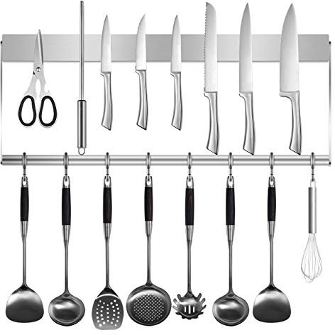 Magnetic Knife Holder and Utensil Rack - Stainless Steel Magnetic Knife Strip with Removable Hooks for Kitchen Knives and Tools Storage