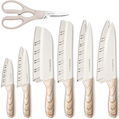 Astercook Knife Set, 13 Pieces Kitchen Knives Set with Ceramic Coating, Stainless Steel Chef Knife Sets with 6 Blade Guards, Dishwasher Safe Knives with Wooden Handle, White Mothers Day Gifts