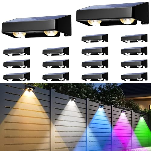Solar Fence Lights Outdoor, Solar Wall Lights 9 Fixed Colors ＆ Color Changing Modern Solar Powered Deck Light for Halloween Step Stair Patio Backyard Porch Railing decor, IP65 Waterproof (16 Pack)
