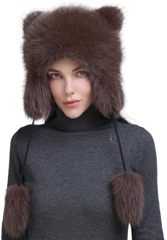WUODHTW Faur-Fellmütze für Damen, niedlicher Waschbärschwanz-Hut, Uschanka, Trappermütze, Mütze, Totenkopfmütze, Eimerhut, Ohrenschutz, Lei-Feng-Hut, helles kaffebraun, Einheitsgröße
