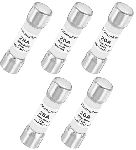 QUARKZMAN 5er Packung Glas Sicherung 20A, Träge Feinsicherung 10X38mm Zeitverzögerungssicherung 600V AC für DIY-Inverter-Schaltkreisplatine