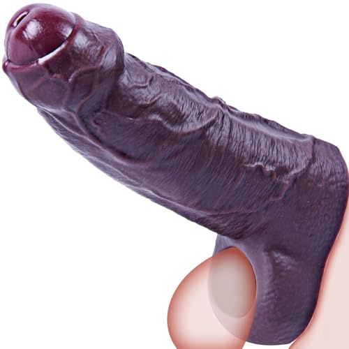 Funda de pene grande negra con punta roja – Extensor de pene de silicona para hombres, longitud y grosor extra con venas realistas para un placer máximo