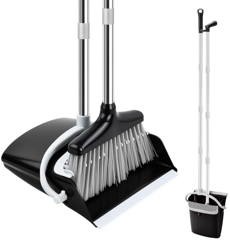 Samlonge Besen und Kehrschaufel Set mit 137cm Langem Griff, Abnehmbares Besen und Schaufel Aufrecht Kehrmaschine und Kehrschaufel Combo für Zuhause Küche Hausreinigung (Schwarz-Weiß)