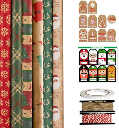 Geschenkpapier Weihnachten Rollen Set 43cm x 18M, 6 Rollen Weihnachtsgeschenkpapier je 43cm x 3M, mit Geschenkanhänger und 20 Yard Geschenk Seile, für Xmas Geschenkverpackung (Multicolor)