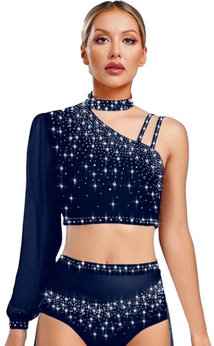 Riismen Dama Brillante Lírico Vestido De Baile De Un Hombro Vestido De Patinaje Artístico Vestido De Ballet con Falda Tutú Irregular Vestido De Baile Latino Azul Marino M