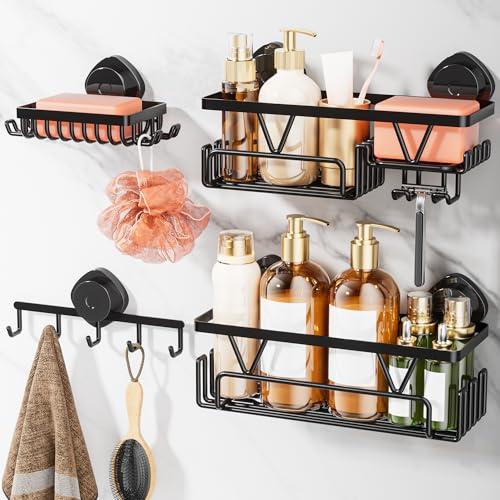 KEGII Suction Cup Shower Caddy - 4-Piece Suction Cup Shower Organiser Set with 2 Bathroom Shelf, Soap Holder & Hooks, Black No Drill Storage for Bathroom, Kitchen, Laundry Room