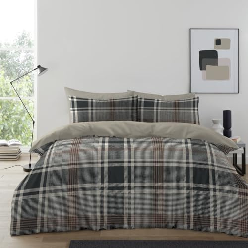 Lions Checked Check Duvet Cover Set - 100% Polyester - Reversible Double Bedding Bed with Matching Pillowcase, Easy Care Stylish Printed Quit Covers, Grey Plaid, 200x200cm