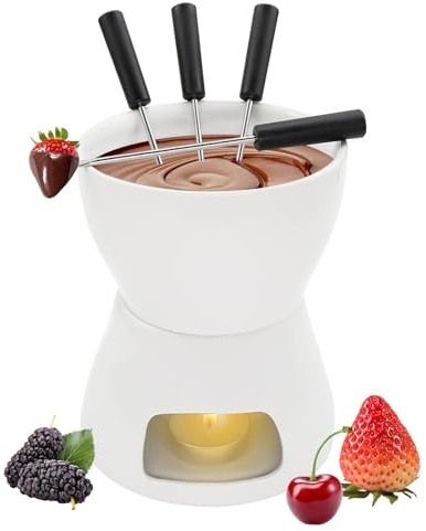alwaiiz Mug Fondue au Chocolat Kit, Céramique Fondue Chocolat avec 4 Fourchettes et 1 Bougie, Tasse Fondue Chocolats pour Maison, Restaurant et Café, Blanc