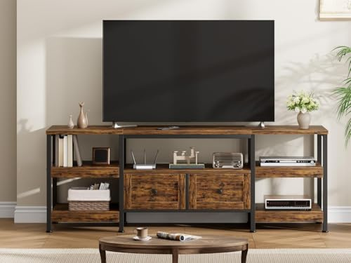 Crevyteg TV-Schrank, Fernsehschrank, Lowboard mit 2 Schubladen, 5 Offenen Fächern, für Wohnzimmer, Unterhaltungsraum, TV-Regal 180 x 40 x 65cm für Fernseher bis zu 75 Zoll, Industrie-Design, Vint