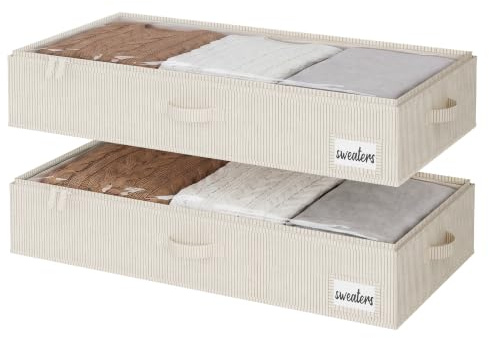 StorageWorks Unterbett Aufbewahrung, große Unterbett Aufbewahrungsbox mit Deckel Stoff, faltbare Unterbettkommode für Kleidung, Decken und Schuhe, Organizer-Bettkasten, grau-weiß gestreift, 2 Stück