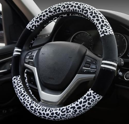 Weiche Leopard-Auto-warme Lenkradabdeckung Handbremsgriff-Gangschaltung-Plüsch für Frauen im Winter Weiß