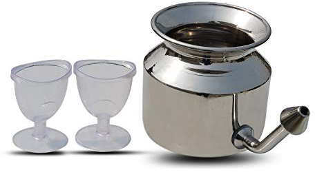 Ancient Impex Stainless Steel Neti Pot with Set of 2 Eyewash Cups for Sinus Allergies | 500ml Capacity
