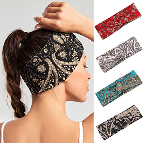 IYOU Bandeau Haarband Dünn Schwarz Kopftuch Damen Yoga Schweißband Sport Stretch Haarbänder Breit Kopf Wraps für Frauen (4 Stück)