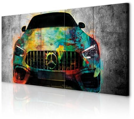 decomonkey Wandbilder Auto 225x90 cm 5 Teilig Leinwandbilder Kunstdruck | Strukturleinwand, Holzkeilrahmen, Bild auf Leinwand, Wanddeko, Wohnzimmer, Wanddekoration, Grau, Bunt, Abstrakt