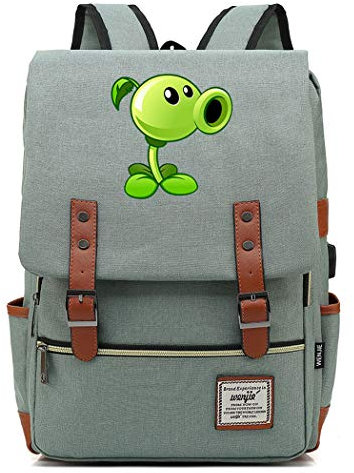 WANHONGYUE Plants vs. Zombies Jeu Étudiants Sac d'école Cartable Vintage Rucksack Sac à Dos pour Ordinateur Portable 15,6 Pouces avec Port de Chargement USB Green / 1