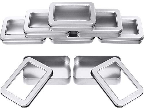 TecUnite 8 Pieces Tin Box Metal Tins with Lids Clear Top Empty Mini Portable Small Storage Tins Case for Home Candles, Candies, Gifts, Balms and Treasures, 3.4x2.4x0.8 Inch, Silver