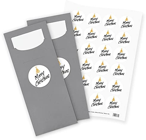 itenga 24x Bestecktaschen GRAU Merry Christmas Pochetten inkl. Serviette und Sticker Aufkleber Tischdeko Einweggeschirr