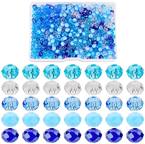 PH PandaHall 500pcs Blue Crystal Beads, 6mm Faceted Glass Bead 5 Colors Rondelle Loose Beads Clear Craft Bead for Summer Jewellery Making Bracelets Necklaces Bag Keychain DIY Crafts