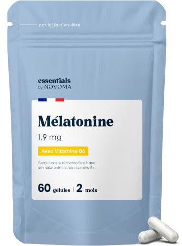 Melatonina Pura 1,9mg, Con Vitamina B6, Suplemento para Dormir Bien, 60 Cápsulas Veganas para 2 Meses, Ayuda para el Insomnio + Jet Lag, Essentials by Novoma | Melatonina sin costumbre, fabricada en Francia - Essentials by Novoma