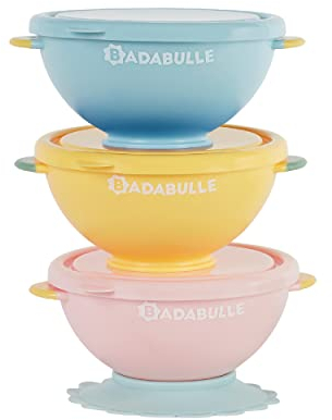 Badabulle Lot de 3 bols Funcolors Bowls avec couvercles et ventouse anti-dérapante, 330ml