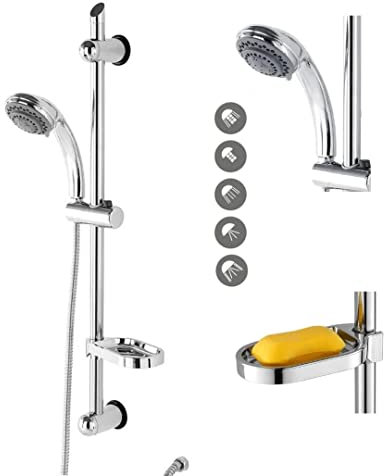 Kit Asta Doccia Saliscendi regolabile 70cm con soffione 5 getti di acqua multifunzione, con tubo e portasapone, in ABS cromato, colonna per vasca da bagno