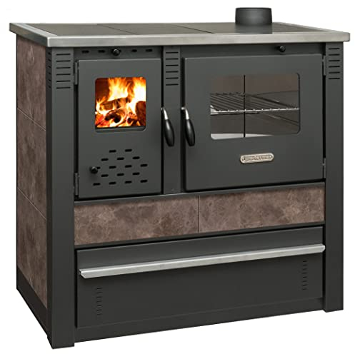 ProTermo Kaminofen Panonia in Mokka mit Abzug Rechts - 10,54 kW Heizleistung - 90x51x85 cm Holzofen mit Backfach, Thermometer und Herdplatte ohne selbstschließender Tür - Bauart 2