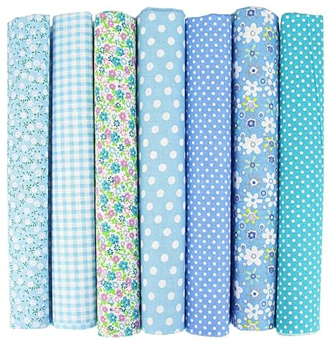 7-teiliges Set-100% Baumwolle Patchwork-Quadrate (50x50cm) zum Nähen, Quilten, Basteln, für alle Arten von kleinen Handarbeiten - nicht wiederholendes Blau.