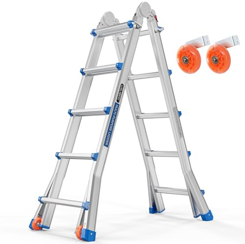 LUISLADDERS A Frame Step Ladder Telescoping Ladder, 19 ft Multi Position Folding Ladder with Flared Leg & Wheels Design, 330 lbs Capacity Extension Ladder for Household Outdoor Work, Aluminum, 19 FT