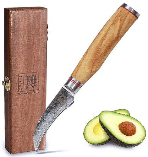 Zayiko Minami Olive Schälmesser 7 cm, 67 Lagen Damaststahl, VG-10-Stahlkern | Gebogene Hammerschlag-Klinge, Olivenholzgriff, 15°-V-Schliff beidseitig, 60±2 HRC, zum Schälen von Obst & Gemüse, mit Holzbox
