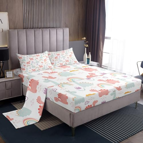 Feelyou Cartoon Dino Sheet Set Twin, Pink Green Dinosaur Sheets with Deep Pocket Fitted Sheet Cute Jungle Dino Bed Sheets Set for Kids Boys Girls Cute Rainbow Bedding Set with 1 Pillow Case