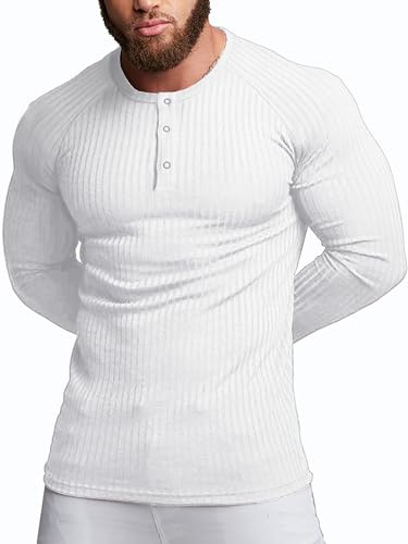 Agilelin Homme T-Shirt Manches Longues Coton,Shirts Rib Casual,Tee Muscle Coupe Ajustée(Blanc/M)