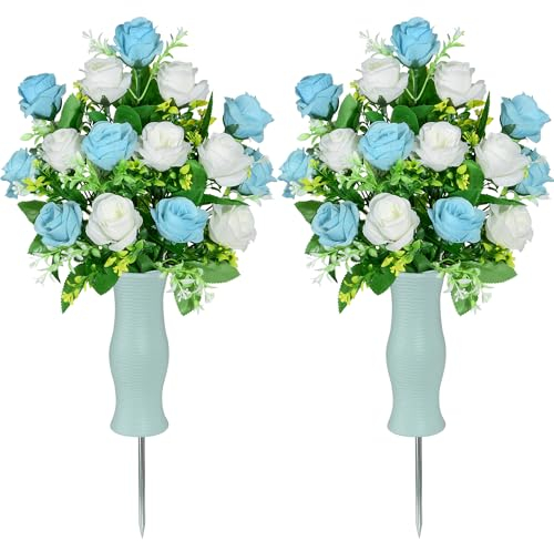AOFOX Fiori artificiali del cimitero con vaso, fiori di pietra funebre Mazzo di rosa, fiori commemorativi del cimitero per gli arrangiamenti della tomba Set di 2 (Azzurro)