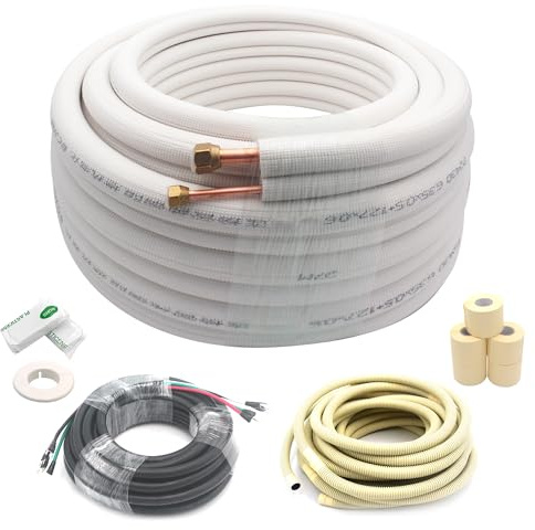TAUROX 50FT Mini Split Line Set 1/4 & 1/2 O.D Copper Pipes Tubing and 3/8 White Thickened PE Insulation Coil, for Mini Split Air Conditioning or Heating Pump Equipment and HVAC with Flared Nuts.