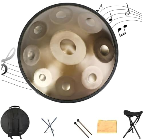 Handpan Drum Instrument, 22 Zoll Handpan Trommel Stahltrommel In D-Moll, 9 Noten 440Hz Percussion Musikinstrumente Handtrommel Set, Handgefertigt, Mit Tasche Schlägel Ständer - Gold