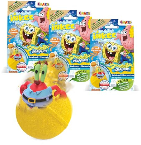 INKEE Bob Esponja Pack de 3 Bombas de baño infantiles con sorpresa - 3 de 6 figuras de Bob Esponja para coleccionar - 3x bolas de baño de 80g con sabor a chicle y aceite de jojoba, turquesa o amarillo