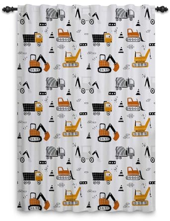 ggaimwf Vorhänge Kinderzimmer Jungen Cartoon LKW-Bulldozer-Kranfahrzeuge-Konstruktionsmuster Fensterdekorationen Kindervorhänge für Schlafzimmer Bleistiftfalte Teens Spielzimmer 117x183cm 1 Stück