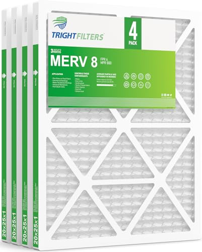 TRIGHTFILTERS 20 x 25 x 1 luftfilter 4-pack, MERV 8 veckat dammförsvar luftfilter ersättning luftkonditionering HVAC ugnsfilter, hållbar och lätt
