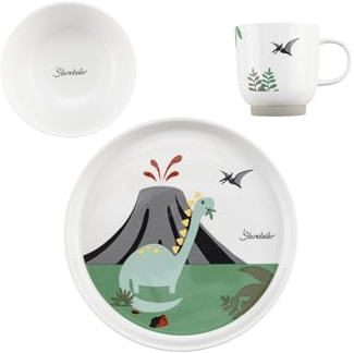 Sterntaler Set di stoviglie in porcellana Dino Rexi – Set di stoviglie con base in silicone antiscivolo e rimovibile – stoviglie per bambini e bambini con piatto, ciotola da 400 ml e tazza da 200 ml,