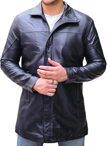 Jild Leder-Trenchcoat für Herren, 3/4-Länge, lässiger Auto-Mantel, Lammfell, lange Lederjacke für Herren, Black Bristol, Large