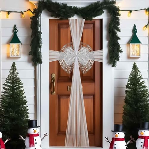 Sursurprise White Christmas Front Door Bow Decorations, Xmas Door Bow Large, Baby Shower Wedding Celebration, Wrapping for Window Fireplace Cabinet, Festive Season Home Kitchen Party Supplies