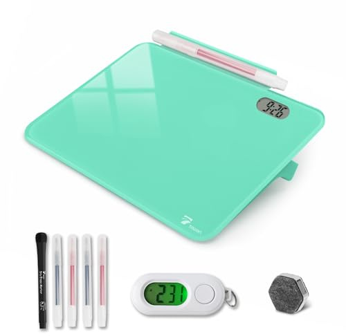 Kleines Glas-Schreibtisch-Whiteboard, trocken abwischbare Tafel mit Uhr, kleiner Reiseuhr, Schlüsselanhänger mit Schreibtisch-Notizblock, Zeittafel für Schreibtisch, digitales LED-Lichtdisplay, 20,3 x
