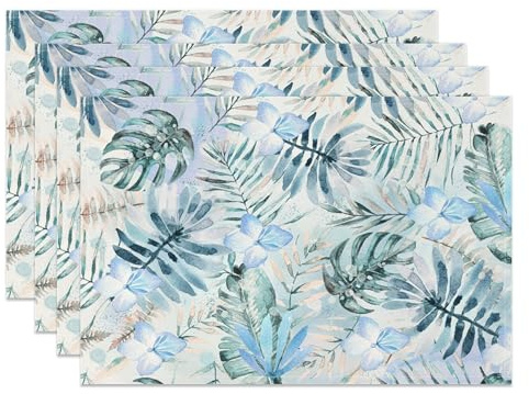 MIRRORANG Lot de 4 sets de table avec feuilles tropicales - 45 x 30 cm - Bleu et vert - Motif feuilles tropicales - Aquarelle - Lavables - Pour cuisine, salle à manger, décoration de fête d'été