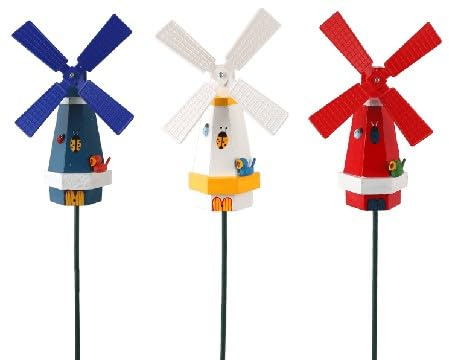 Windmühlen auf Stab 3er Set- Bunte Gartendekoration in 3 Farben, Holz & Kunststoff, 18cm Höhe, Ideal für Balkon und Garten