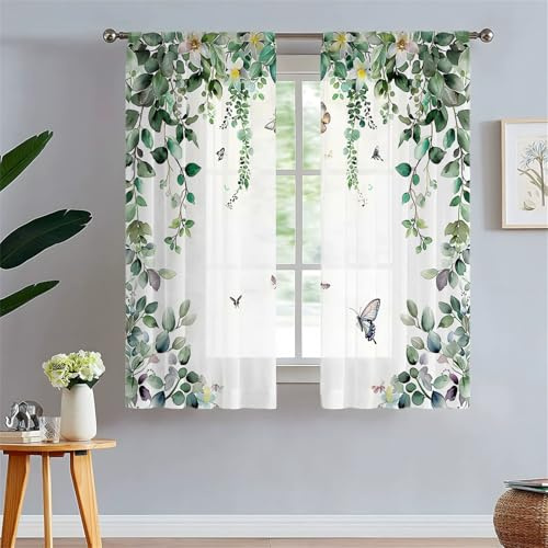 Odot Cortinas de Salon Translucidas con Bolsillo para Barra, Patrón Hoja Verde 3D Cortina Ventana Visillo Moderna 2 Piezas para Decoracion Dormitorio Comedor Cocina
