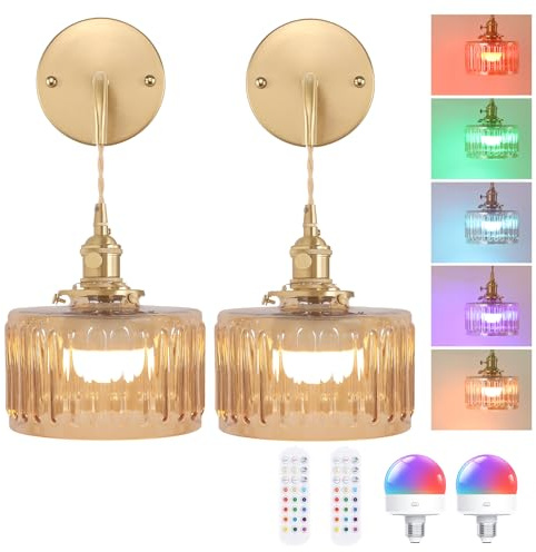 Shenmoyl Battery Operated Wall Light Set of 2, Rechargeable Wall Lamp Indoor with Adjustable Cord, Vintage Wall Sconce Decor for Bedside Living Room Bedroom Bathroom, Z-Striped Amber