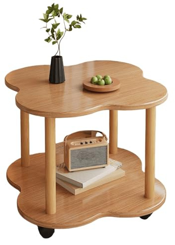 JinZao Beistelltisch Couch Mit Rollen, Couchtisch Rund Klein, Nachttisch Aus Holz, Holztischplatte Mit Doppelter Blütenblattform, Für Schlafzimmer Und Wohnzimmer, Braun, Weiß(B,40X40X48CM)