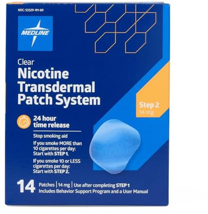 Medline Nicotine Patches 14mg to Quit Smoking, Step 2 Nicotine Patch, Nicotine Patch Step 2, Made in USA, Stop Smoking Aid, 24 Hour Time Release, Clear, 14 Patches